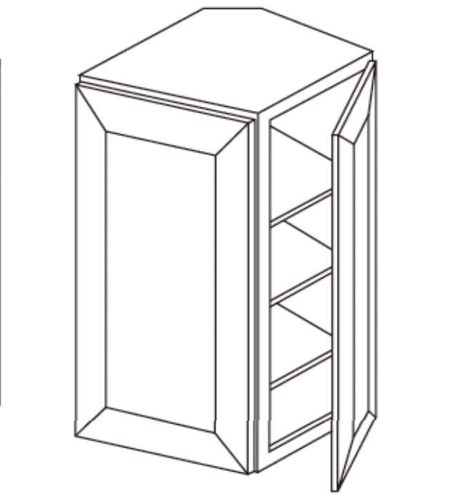 Line drawing of a corner kitchen cabinet with angled door and shelves.